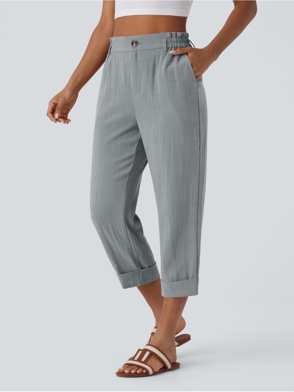 Halara Wide Leg Cuffed Capri Length Pants Gray Size L Regular NWT